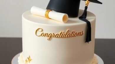 Elegant white graduation cake with a black graduation cap, diploma, and gold congratulations lettering.