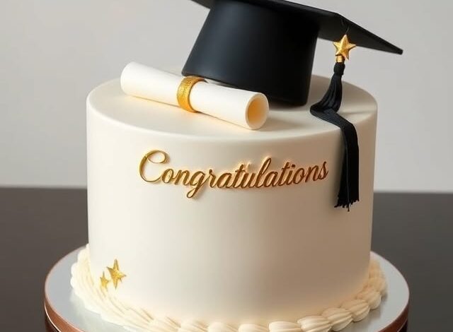 Elegant white graduation cake with a black graduation cap, diploma, and gold congratulations lettering.